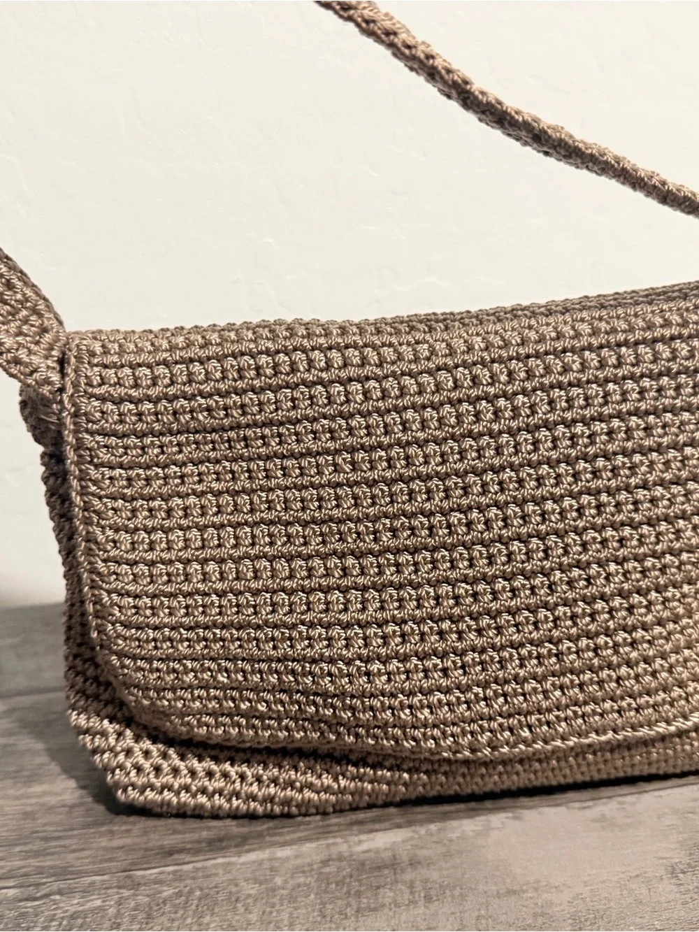 The Sak Brown Crochet Shoulder Bag with Fold-Over Flap